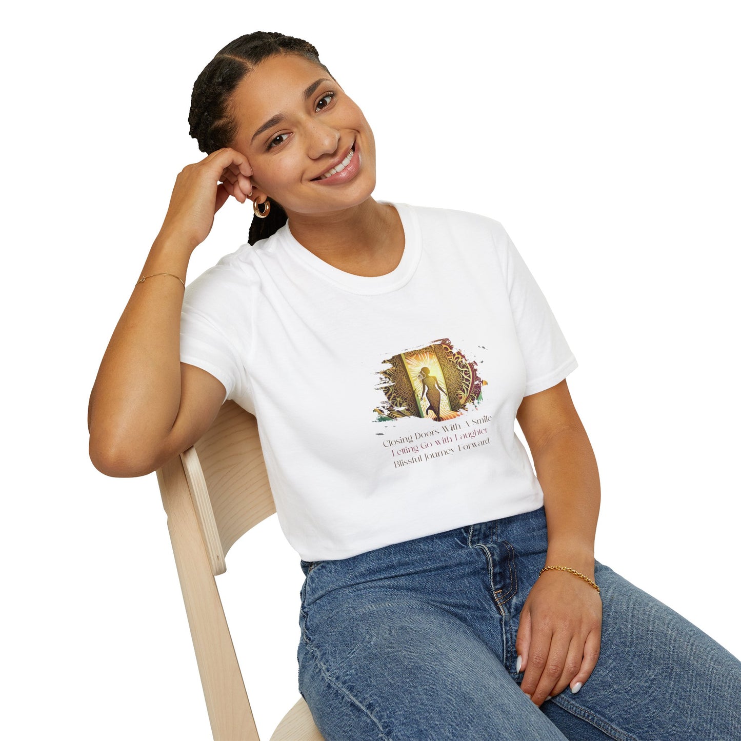 Closing Doors With A Smile, Letting Go With Laughter,  Blissful Journey Forward Unisex Softstyle T-Shirt