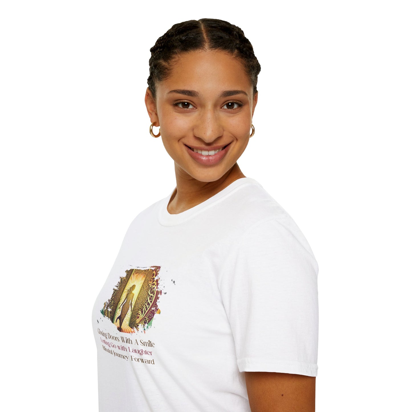 Closing Doors With A Smile, Letting Go With Laughter,  Blissful Journey Forward Unisex Softstyle T-Shirt