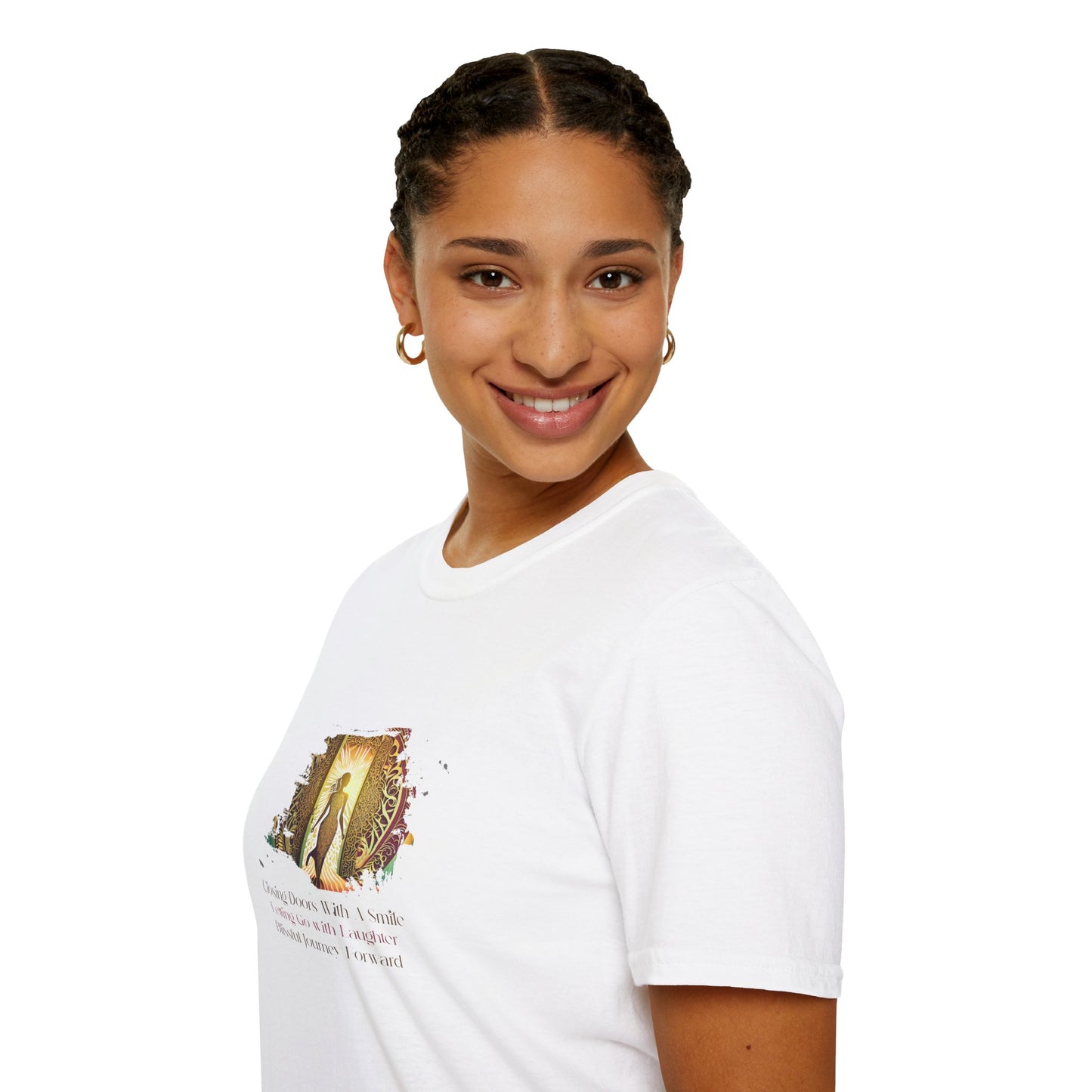 Closing Doors With A Smile, Letting Go With Laughter,  Blissful Journey Forward Unisex Softstyle T-Shirt