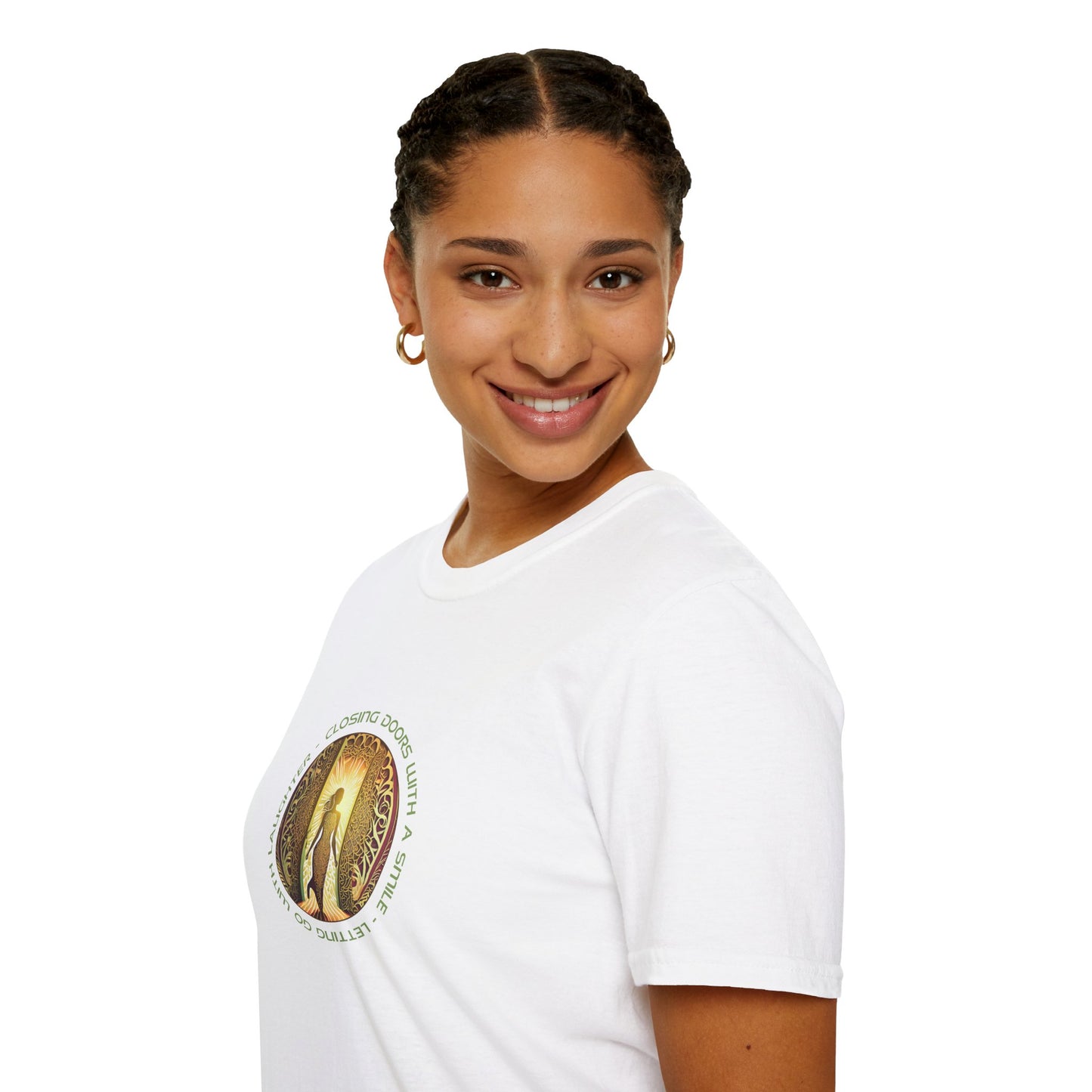 Closing Doors With A Smile, Letting Go With Laughter,  Blissful Journey Forward Unisex Softstyle T-Shirt