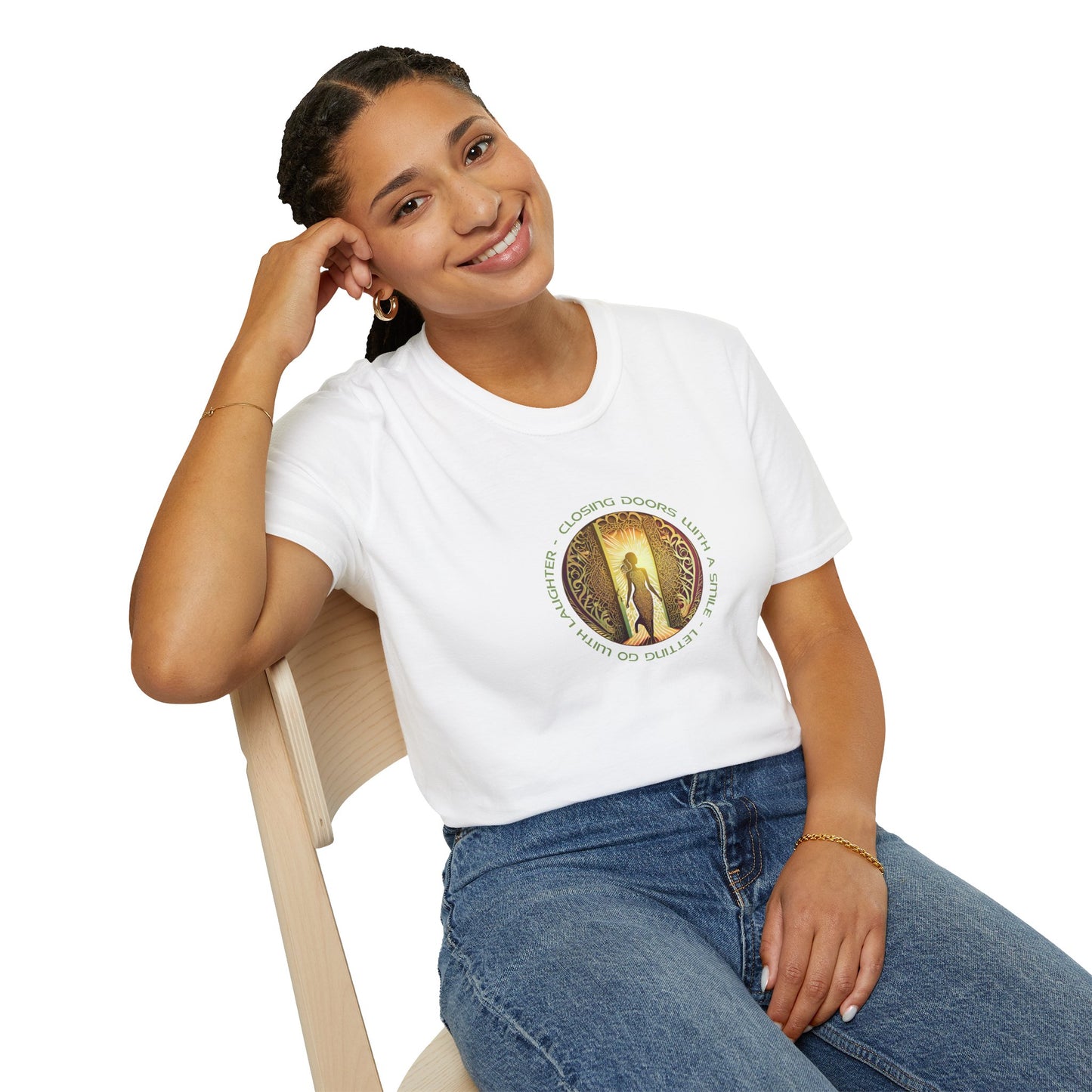 Closing Doors With A Smile, Letting Go With Laughter,  Blissful Journey Forward Unisex Softstyle T-Shirt