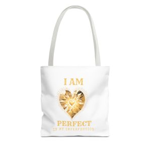 'I AM' Perfect in My Imperfection Tote Bag (AOP) GLD/WHT
