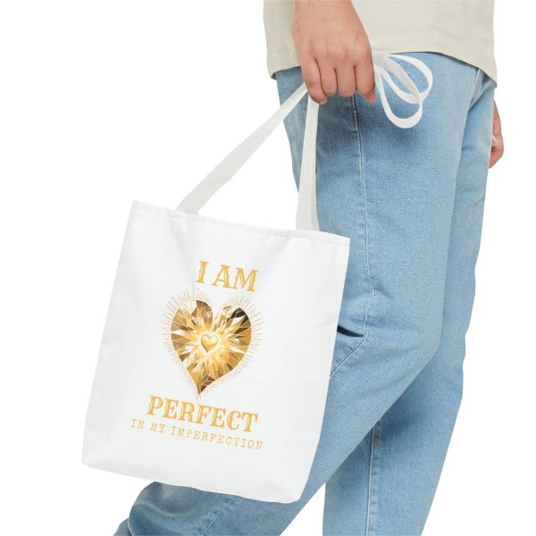'I AM' Perfect in My Imperfection Tote Bag (AOP) WHT - GLD/WHT - Image 2