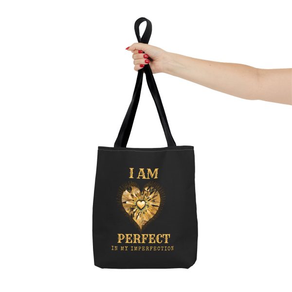 'I AM' Perfect in My Imperfection Tote Bag (AOP) Blk - GLD/WHT - Image 3