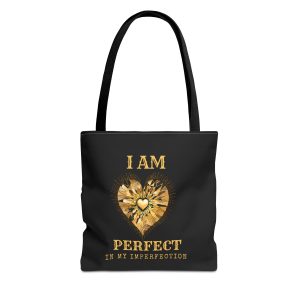 'I AM' Perfect in My Imperfection Tote Bag (AOP) Blk - GLD/WHT