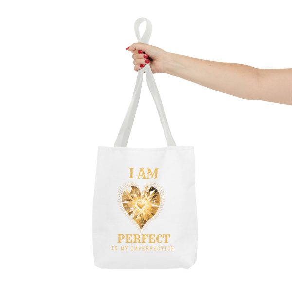 'I AM' Perfect in My Imperfection Tote Bag (AOP) WHT - GLD/WHT - Image 3