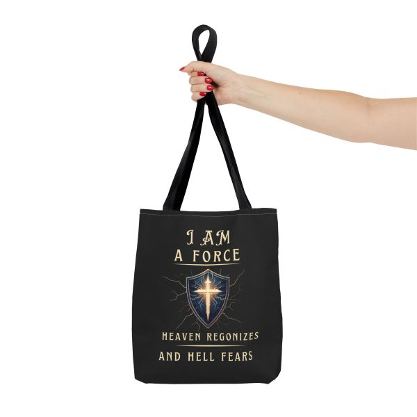 I AM A Force Heaven Recognizes and Hell Fears - Tote Bag - BLK (AOP) - Image 3