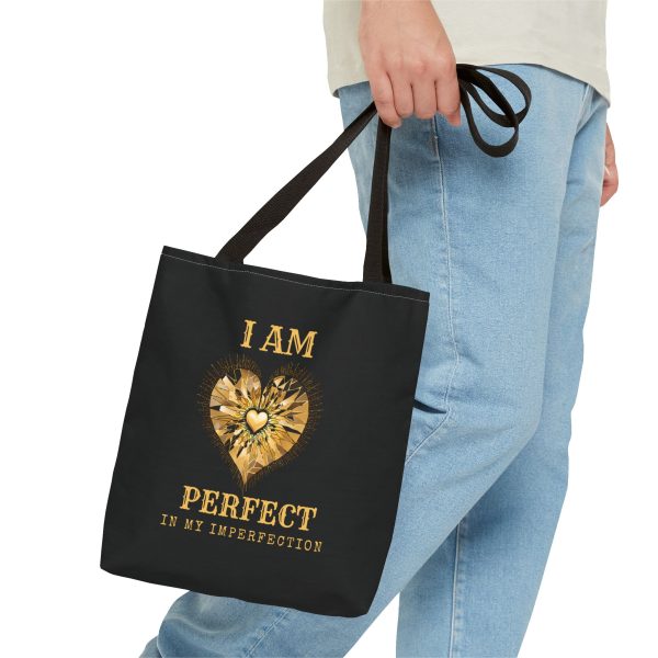 'I AM' Perfect in My Imperfection Tote Bag (AOP) Blk - GLD/WHT - Image 2