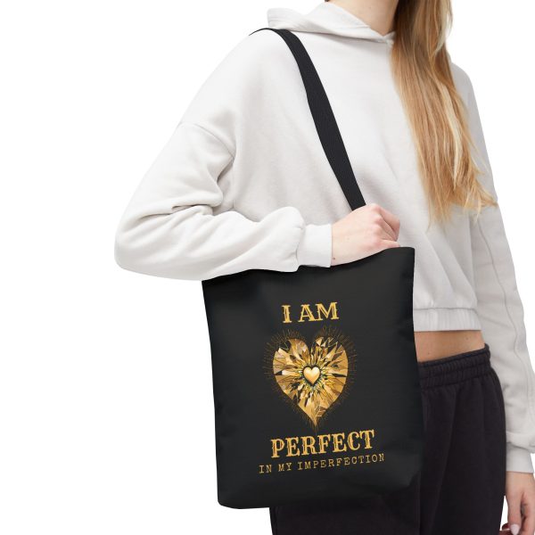 'I AM' Perfect in My Imperfection Tote Bag (AOP) Blk - GLD/WHT - Image 5