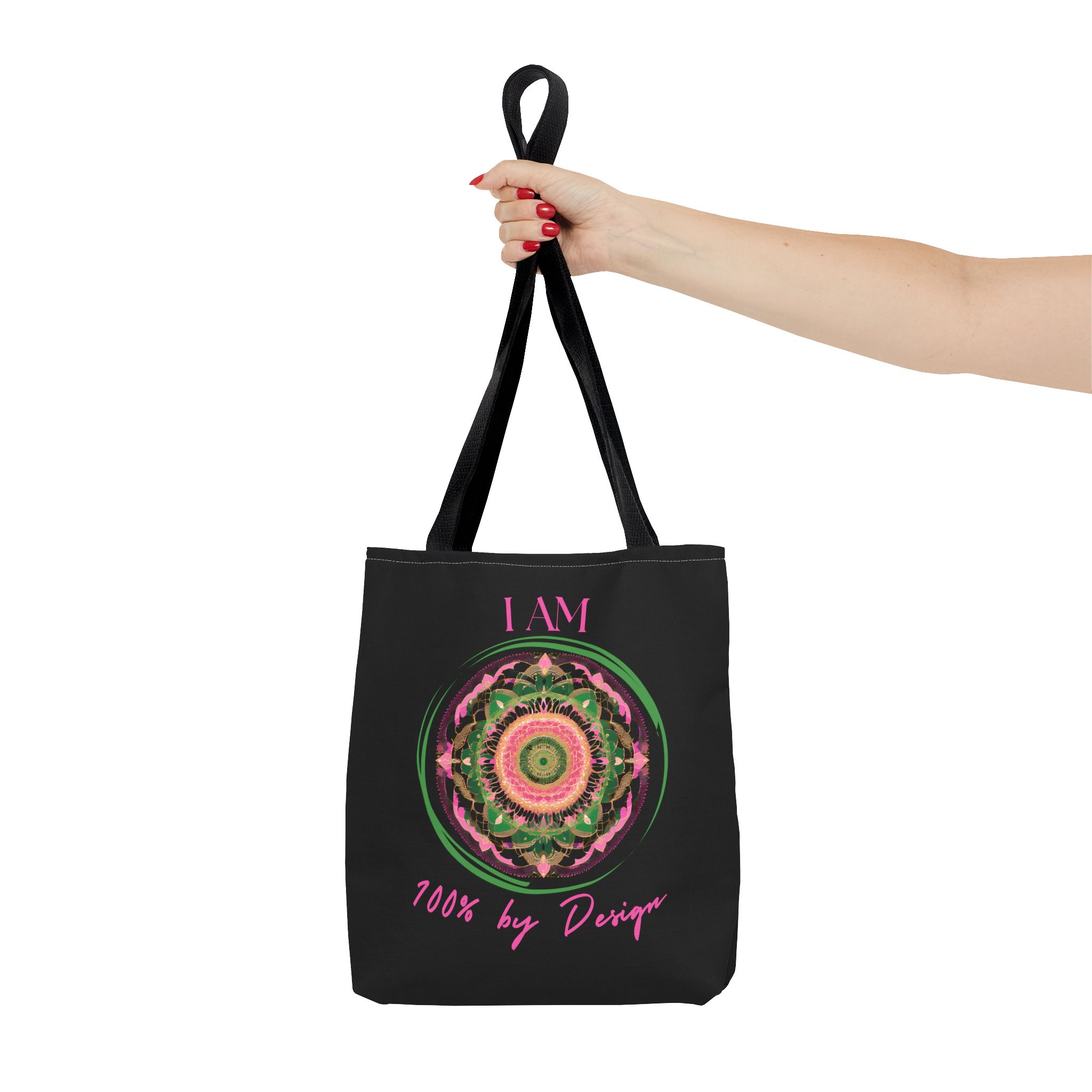 I AM 100 By Design - Mandala - Tote Bag BLK - PNK (AOP) - Image 2