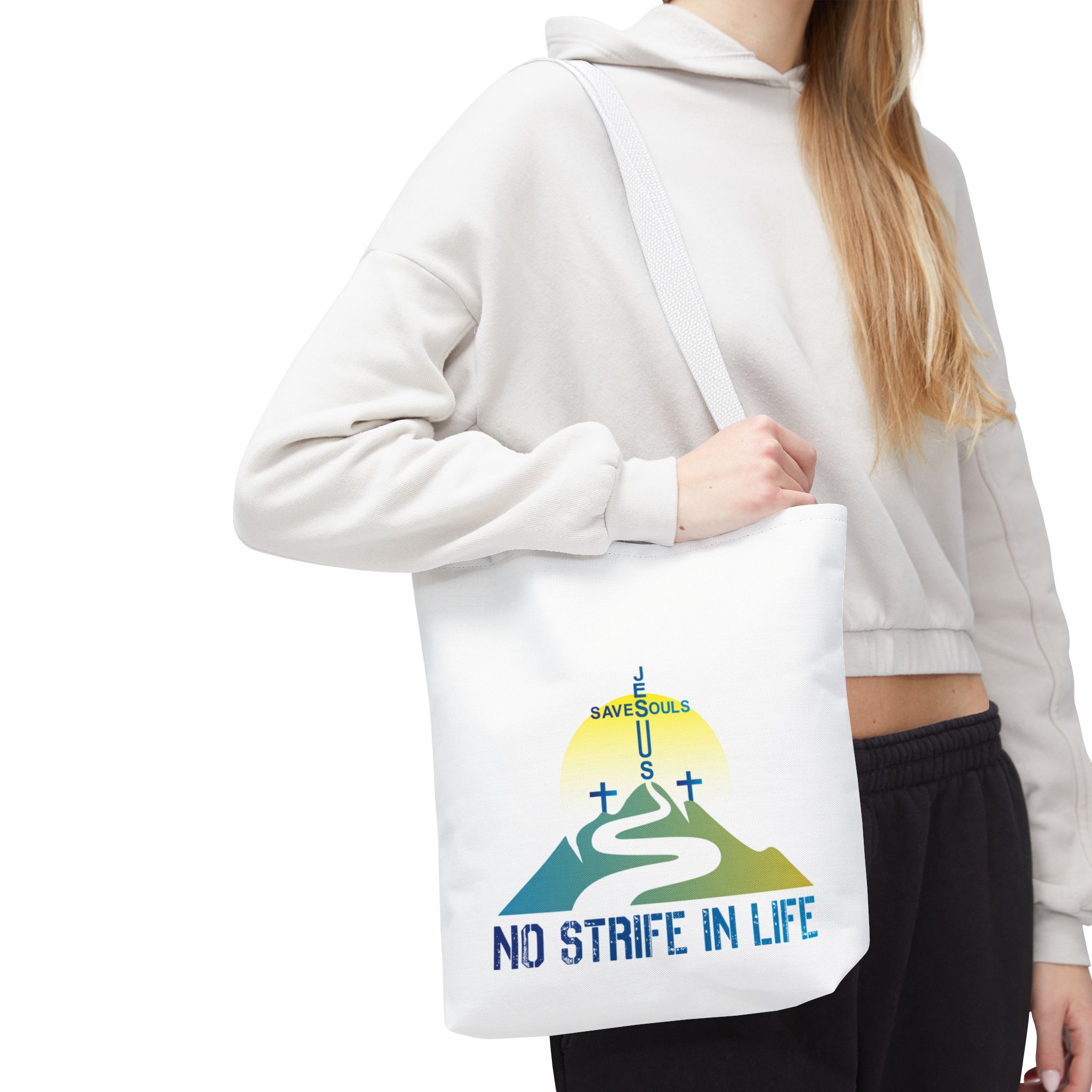 Jesus Saves Souls - No Strife In Life - Tote Bag - Blue (AOP) - Image 4