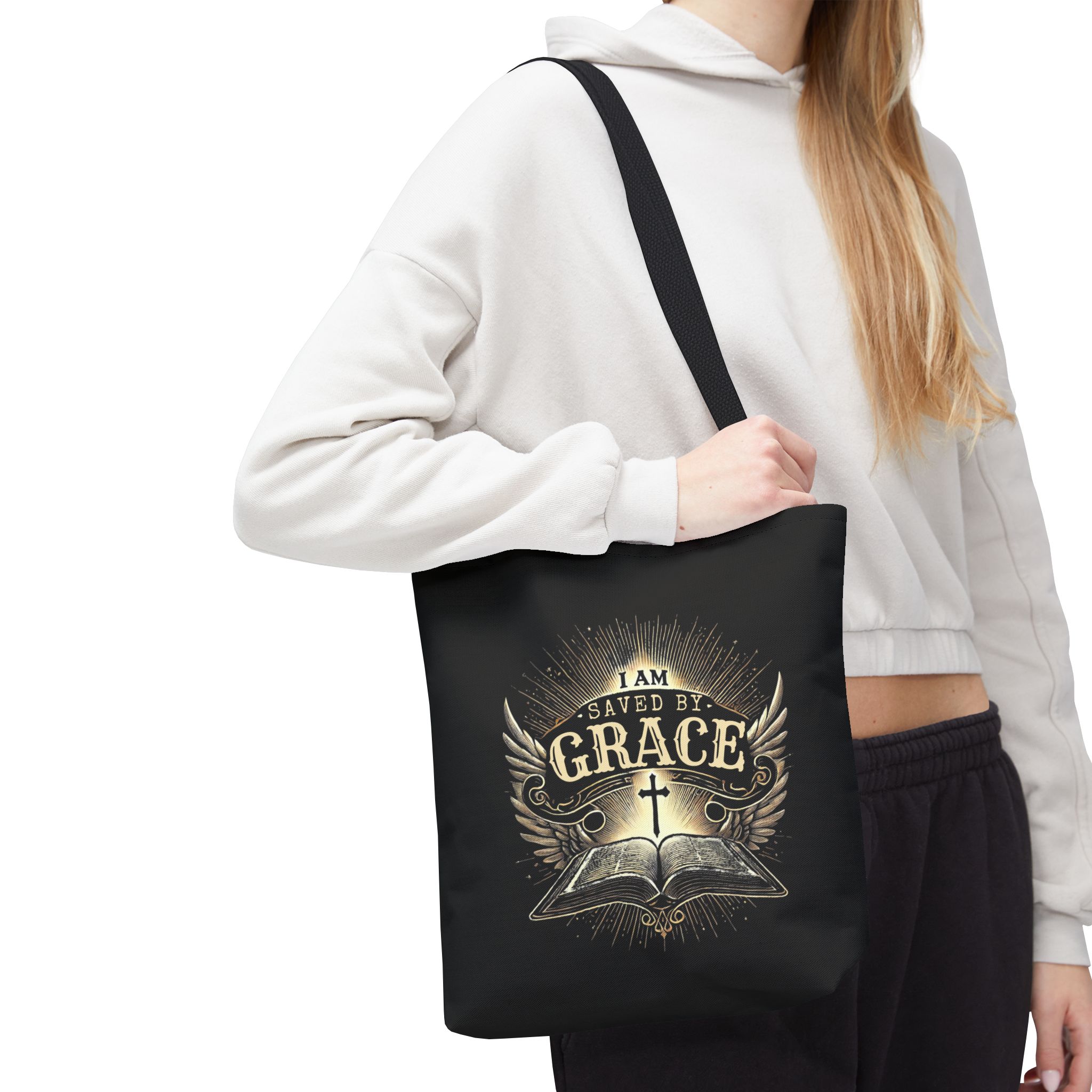 I AM Saved By Grace - Tote Bag - BLK (AOP) - Image 5