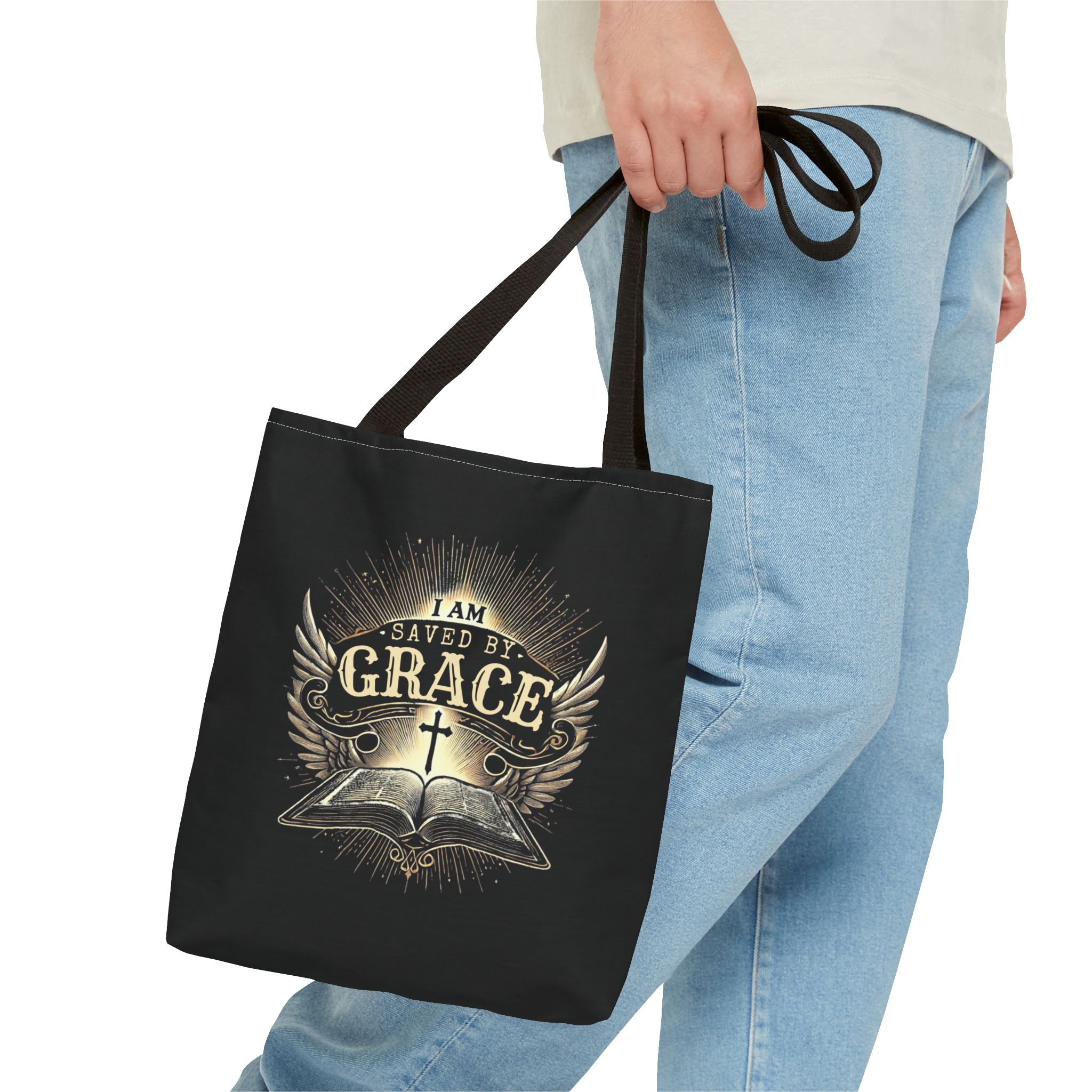 I AM Saved By Grace - Tote Bag - BLK (AOP) - Image 2
