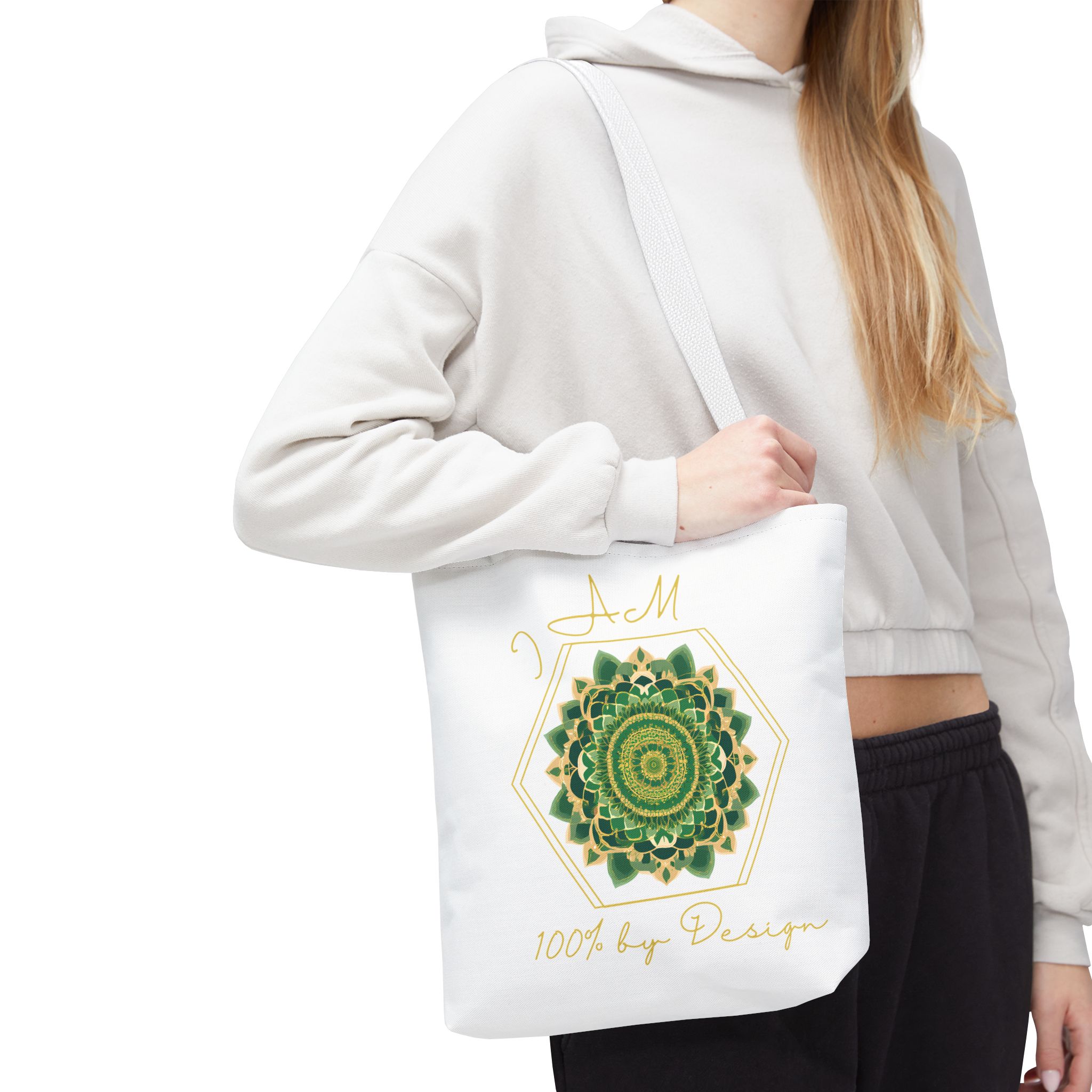 I AM 100% By Design - Mandala - Tote Bag WHT - GRN (AOP) - Image 4