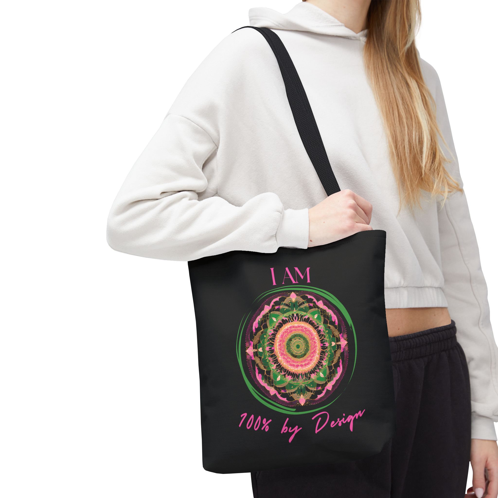 I AM 100 By Design - Mandala - Tote Bag BLK - PNK (AOP) - Image 4