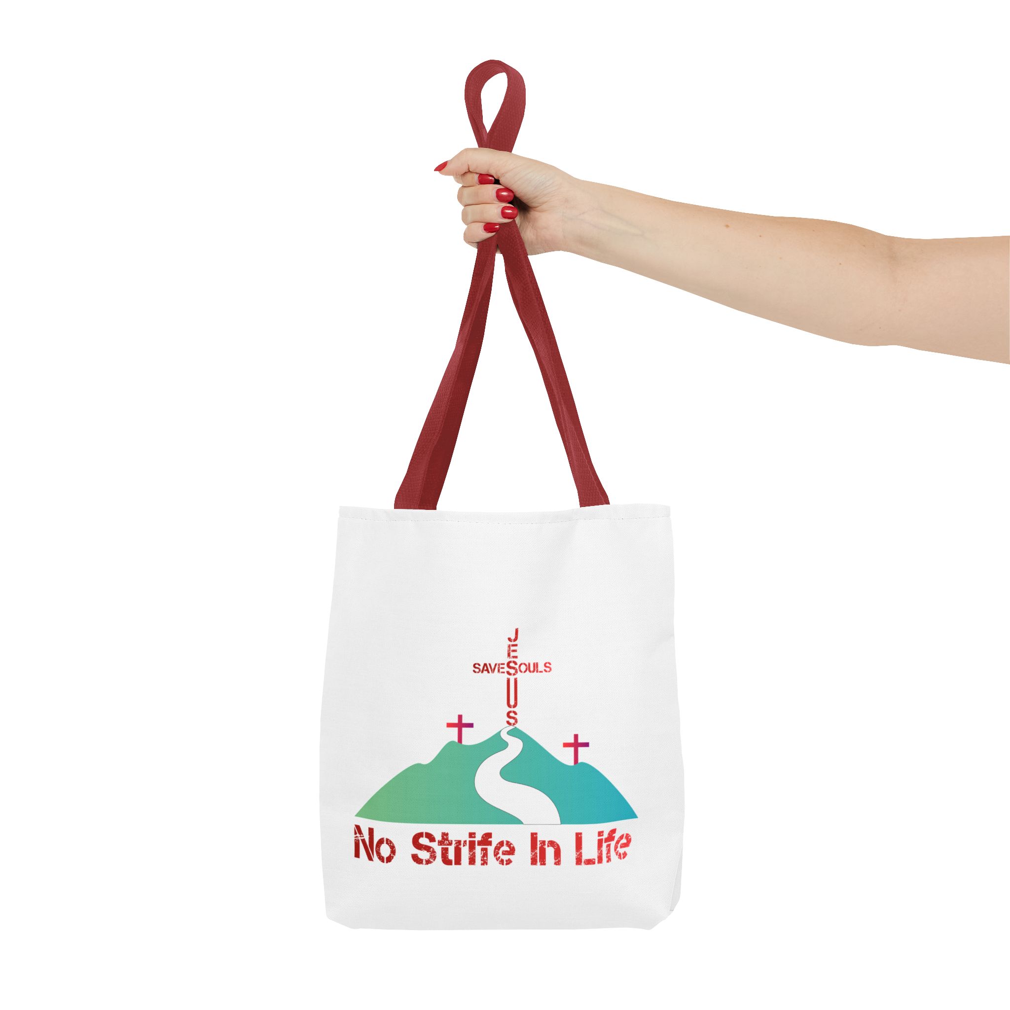 Jesus Saves Souls - No Strife In Life - Tote Bag - Red (AOP) - Image 2