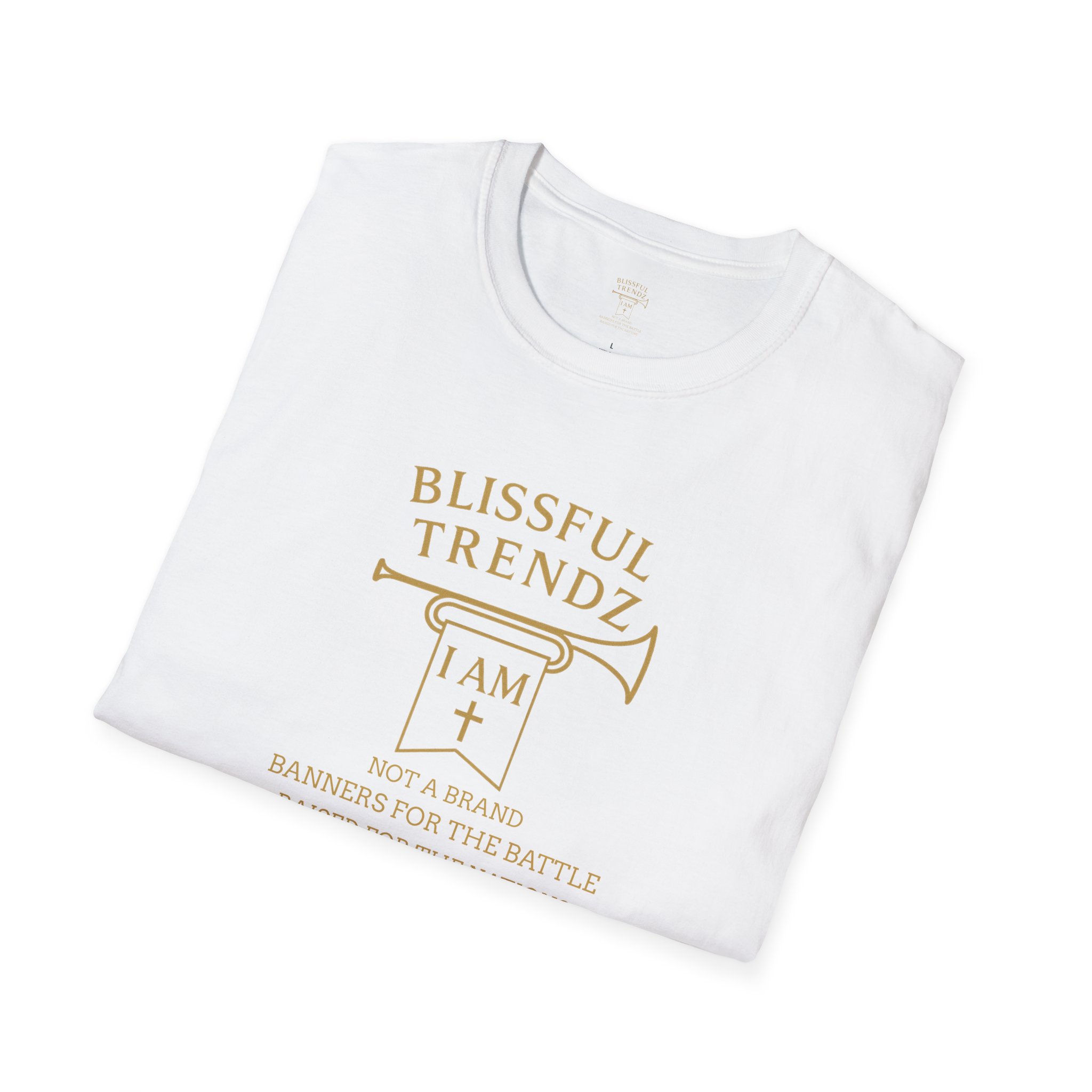 Blissful Trendz - I AM - Not A Brand - Banners For The Battle - Raised For The Nations - Unisex Softstyle T-Shirt - Gold - Image 6