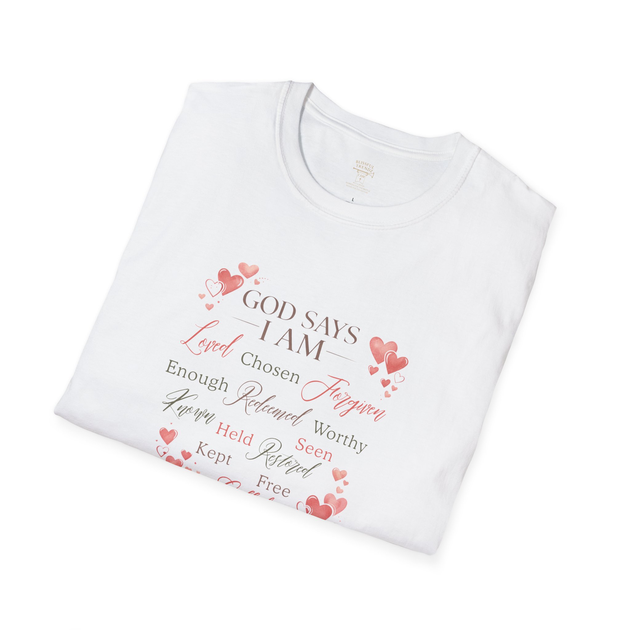 God Says I AM Word Cloud - Heart Motif - Unisex Softstyle T-Shirt - Image 9