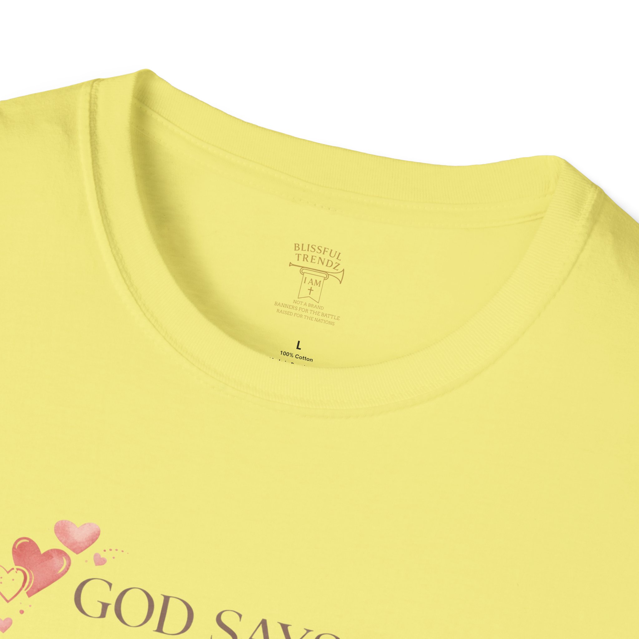 God Says I AM Word Cloud - Heart Motif - Unisex Softstyle T-Shirt - Image 23