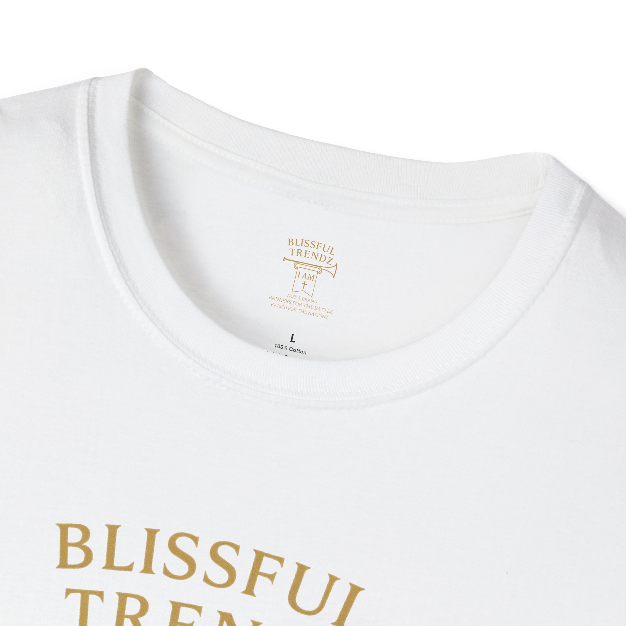 Blissful Trendz - I AM - Not A Brand - Banners For The Battle - Raised For The Nations - Unisex Softstyle T-Shirt - Gold - Image 5