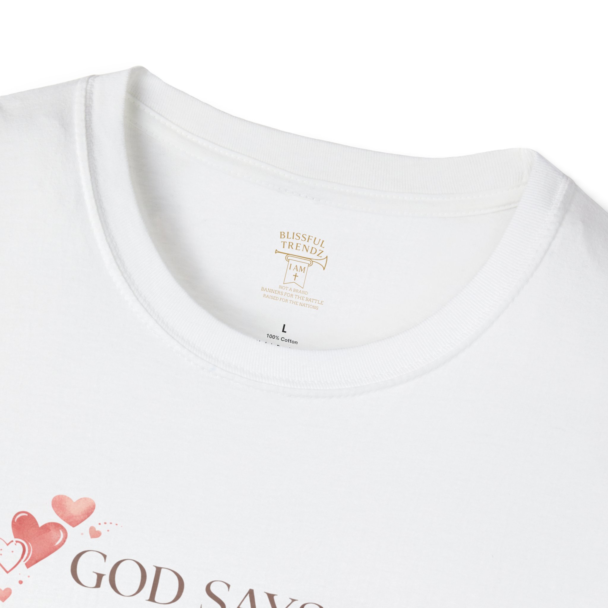 God Says I AM Word Cloud - Heart Motif - Unisex Softstyle T-Shirt - Image 8