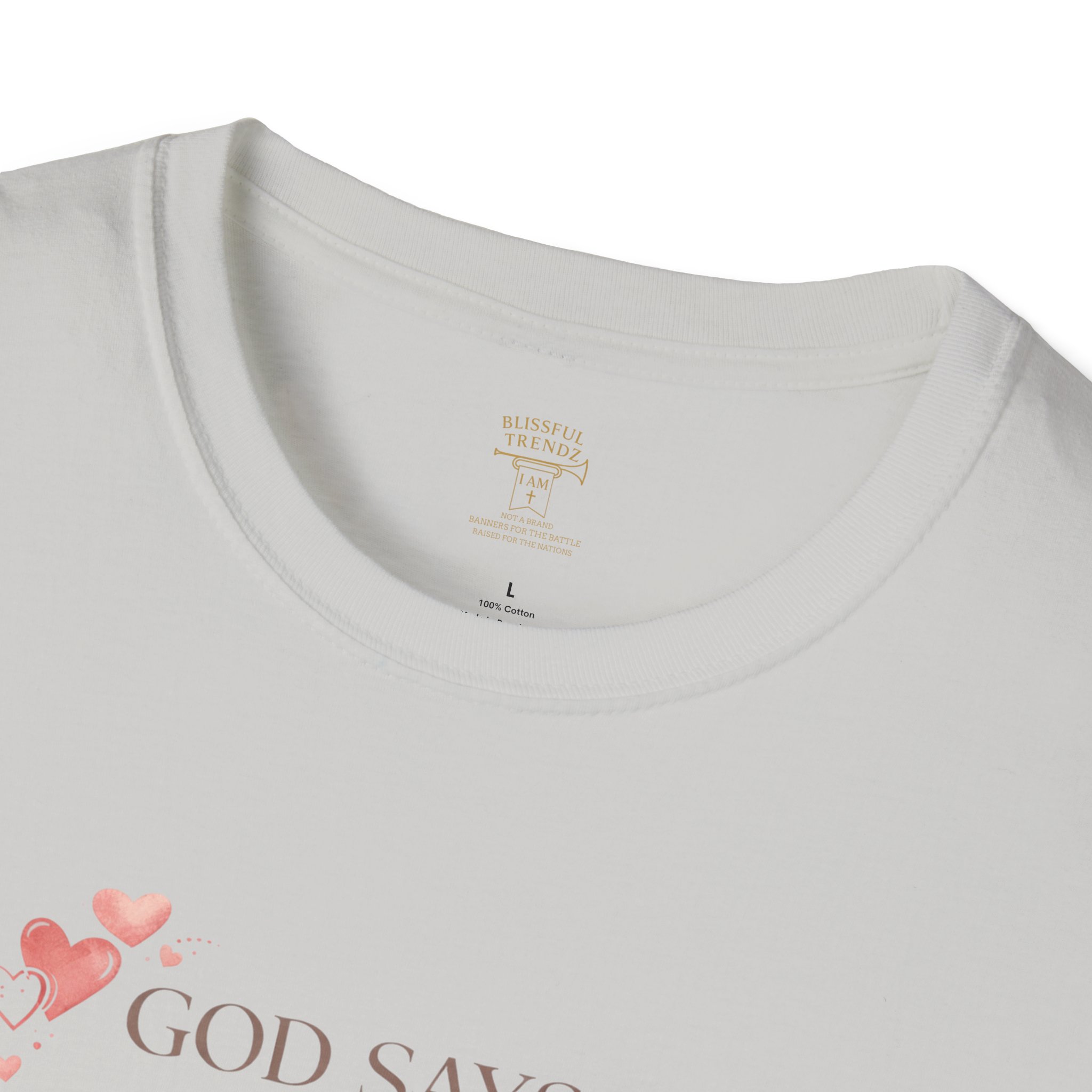 God Says I AM Word Cloud - Heart Motif - Unisex Softstyle T-Shirt - Image 17